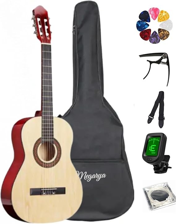 MegArya 39” Classical Guitar with Nylon Strings Guitar with Truss Rod for Beginner Professional Acoustic with Bag, Strap, Capo, Picks, Strings, Tuner(Natural)